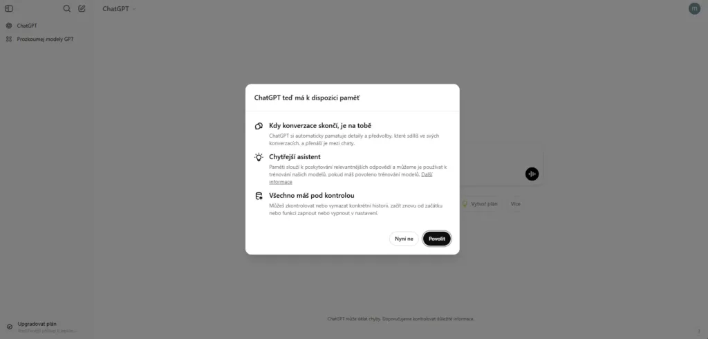 ChatGPT upozornění po přihlášení