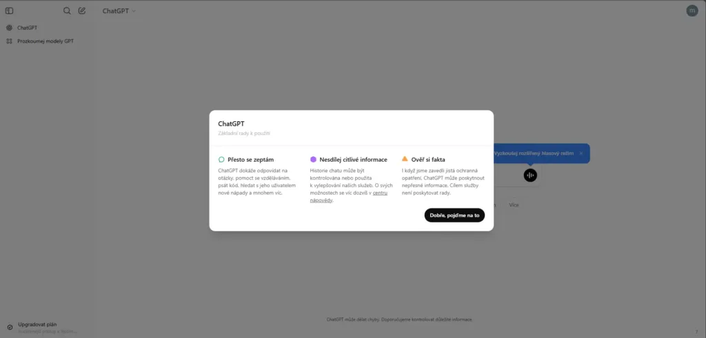 ChatGPT upozornění po přihlášení