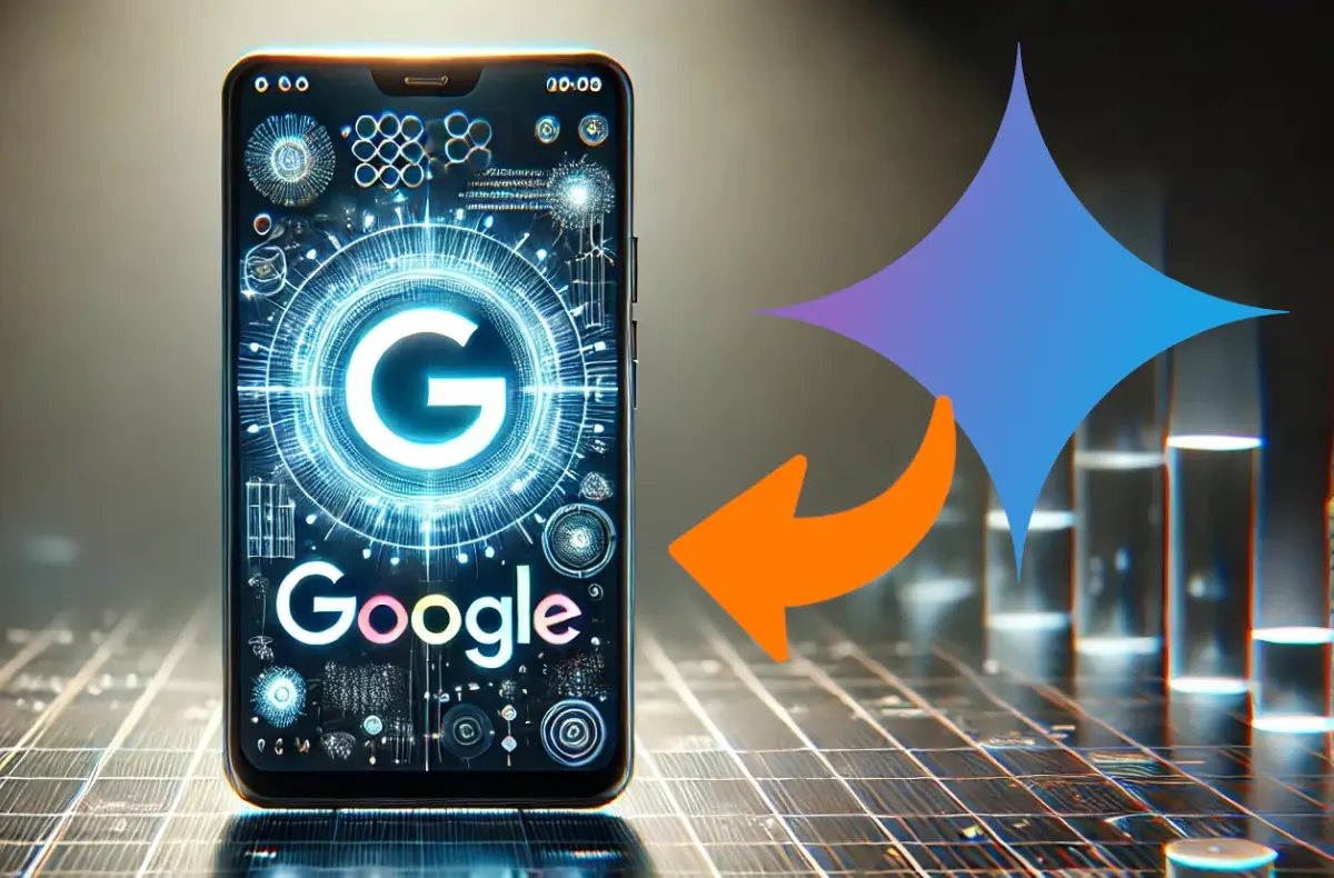 telefon s logem google a vedle s logem gemini a sipkou smerujici do telefonu