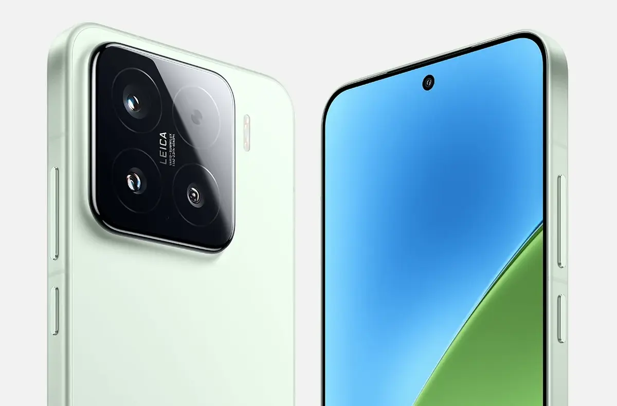 xiaomi 15 zelena vrsek tela displej a zada dva telefony vedle sebe