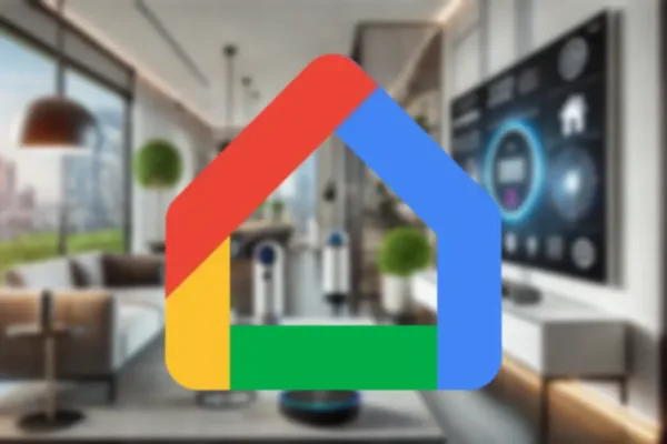 Logo aplikace Google Home na pozadí s chytrou domácností