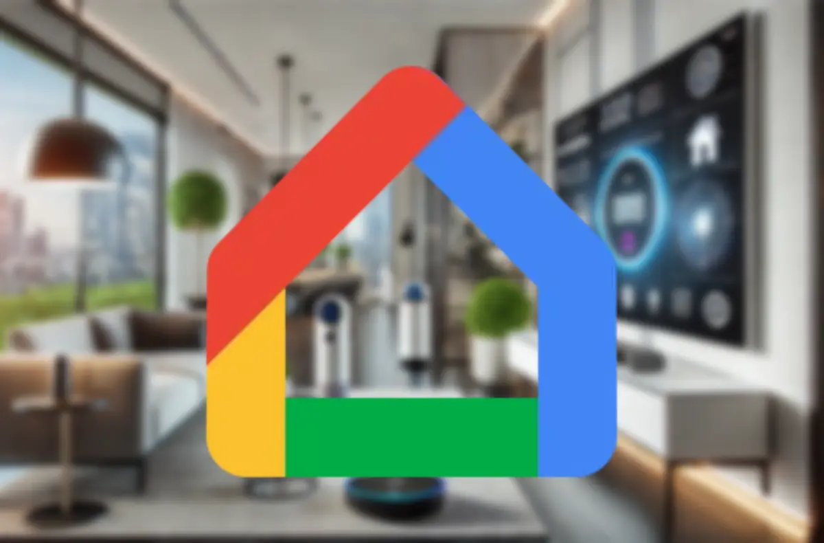 Logo aplikace Google Home na pozadí s chytrou domácností