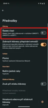 Gboard číselný řádek