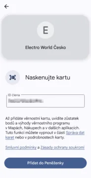 Peněženka Google, naskenovaná karta