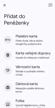 Peněženka Google, přidání karty